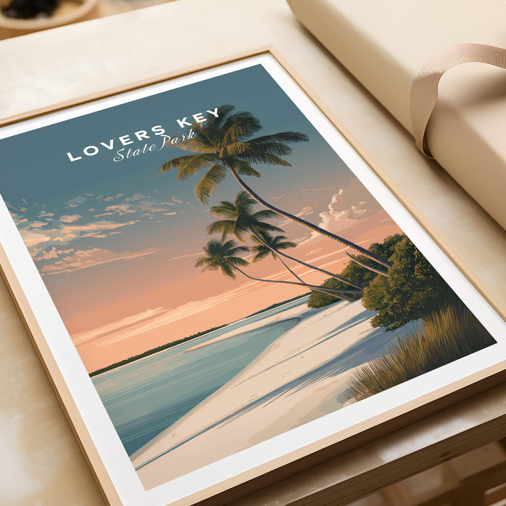 Lovers Key Travel Poster | Florida Sunset Palm Trees Wall Art Print featuring palm trees and a sunset over a serene beach.