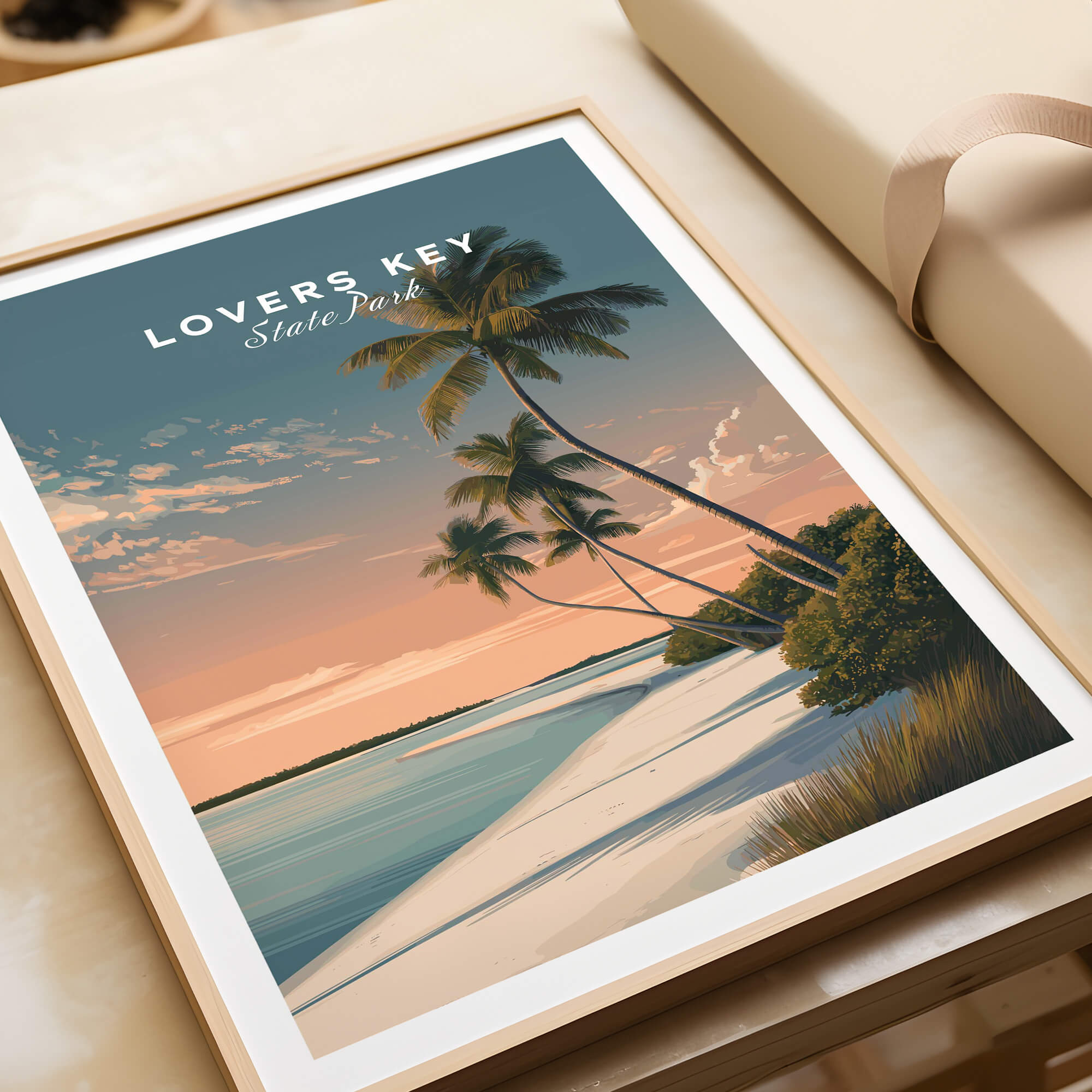 Lovers Key Travel Poster | Florida Sunset Palm Trees Wall Art Print featuring palm trees and a sunset over a serene beach.