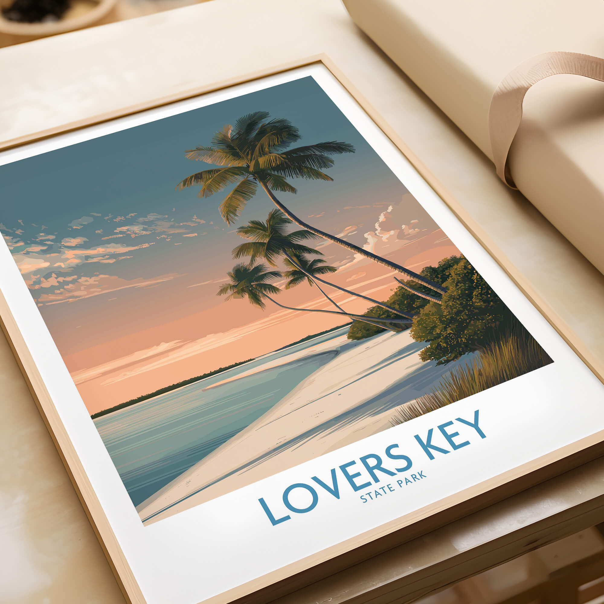 Lovers Key Canvas Print | Florida Gulf Coast Beach Poster featuring serene beach and palm trees at sunset.