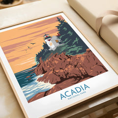 Framed Acadia National Park art print with lighthouse, rocky coast, and sunset