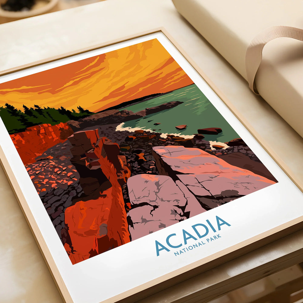 Framed Acadia National Park print with a vibrant coastal landscape and orange sunset.