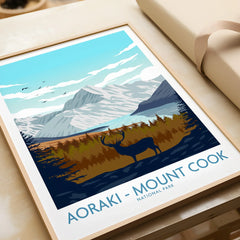 Aoraki Mount Cook National Park art print with mountain, stag, framed and unwrapped
