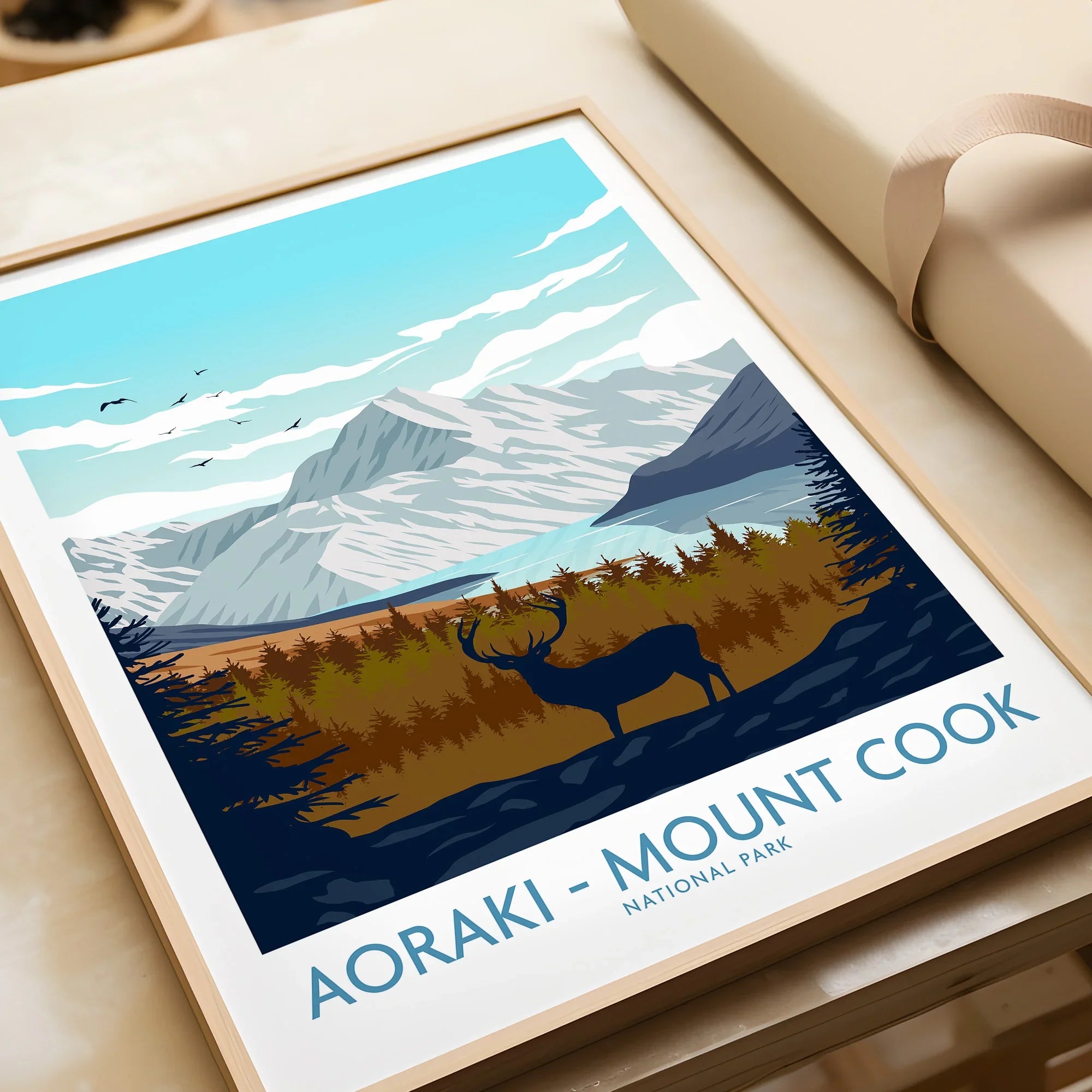 Aoraki Mount Cook National Park art print with mountain, stag, framed and unwrapped