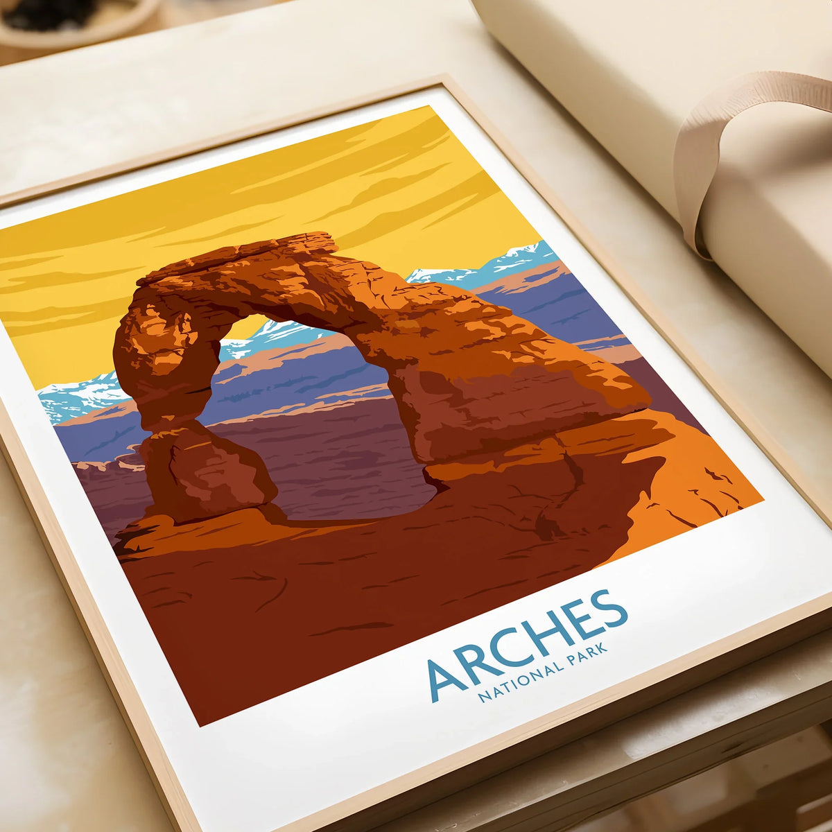 Framed Arches National Park print featuring Delicate Arch with vivid sunset colors, close-up view