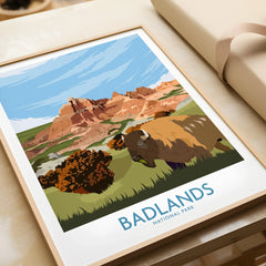 Badlands National Park print with bison, scenic mountains, and natural wood frame