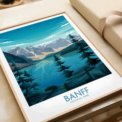 Framed Banff National Park art print with mountain, lake, and pine tree landscape.