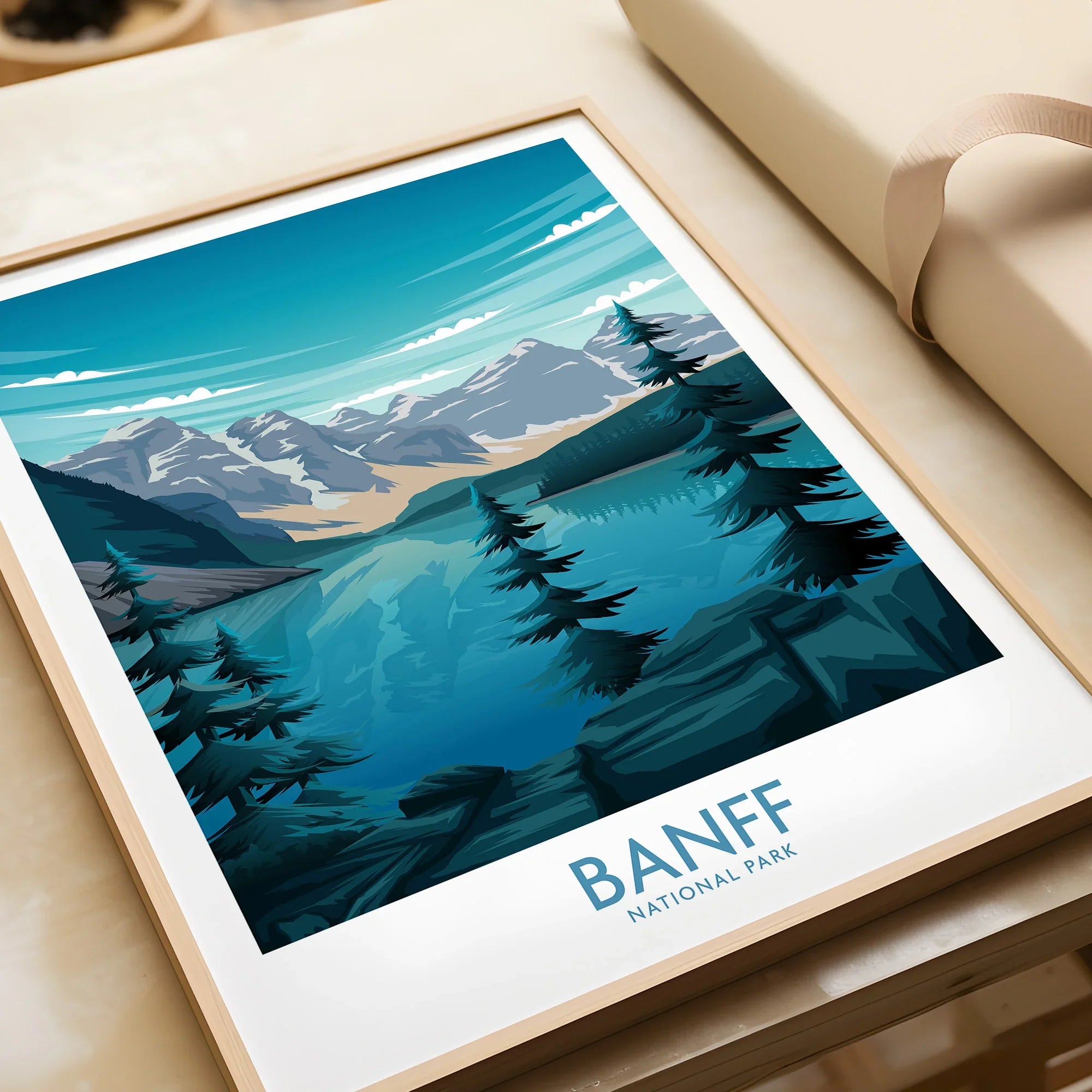 Framed Banff National Park art print with mountain, lake, and pine tree landscape.