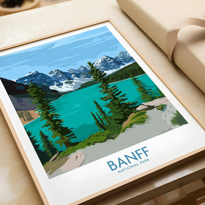 Banff National Park art print in a natural frame, featuring turquoise lake and snowy mountains.