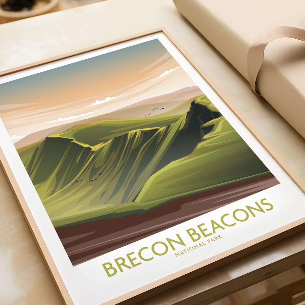 Framed Brecon Beacons National Park art print with green landscape and sunset sky