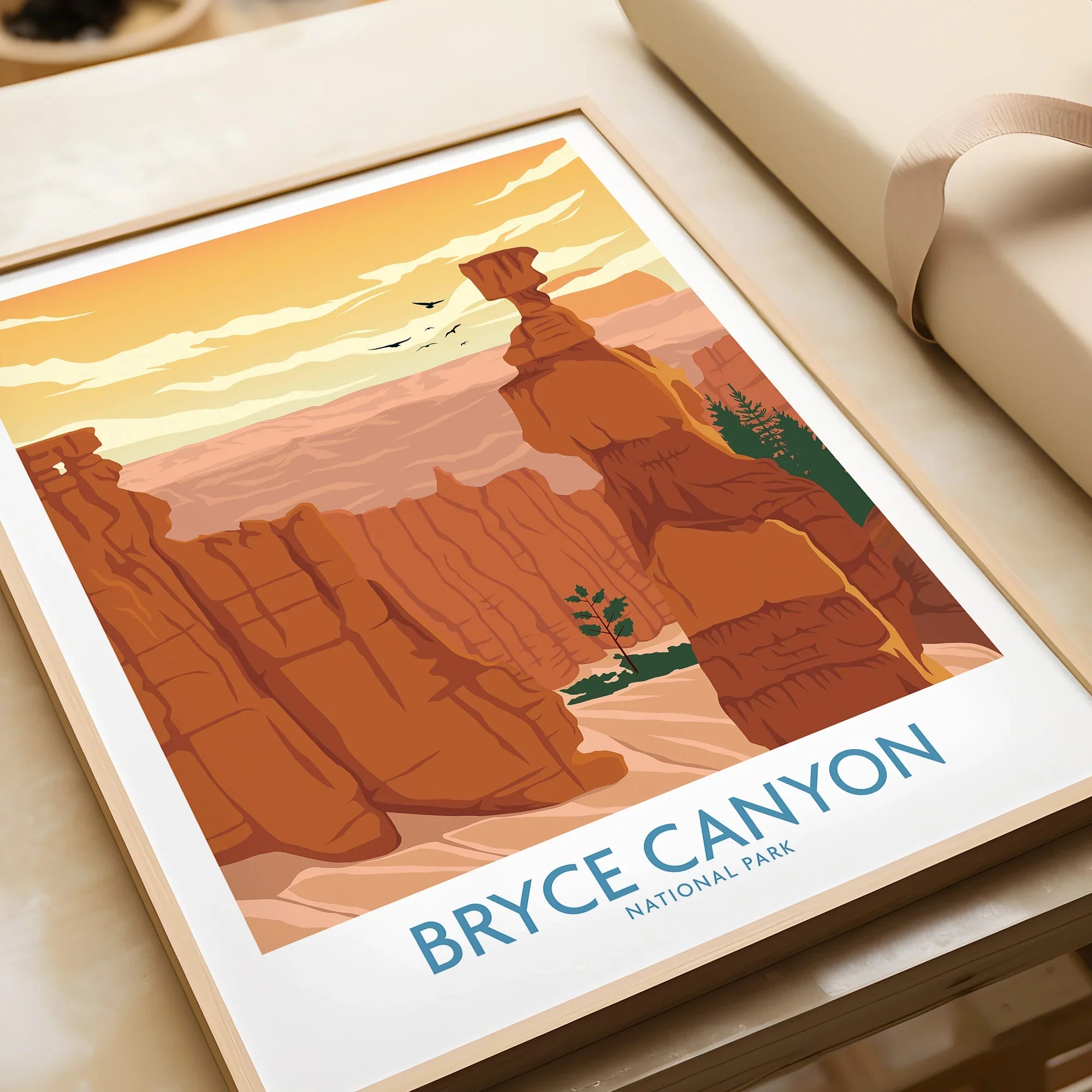 Framed Bryce Canyon National Park art print with red rock hoodoos and sunset sky