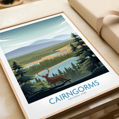 Framed Cairngorms National Park art print featuring a stag, pine trees, and scenic landscape.