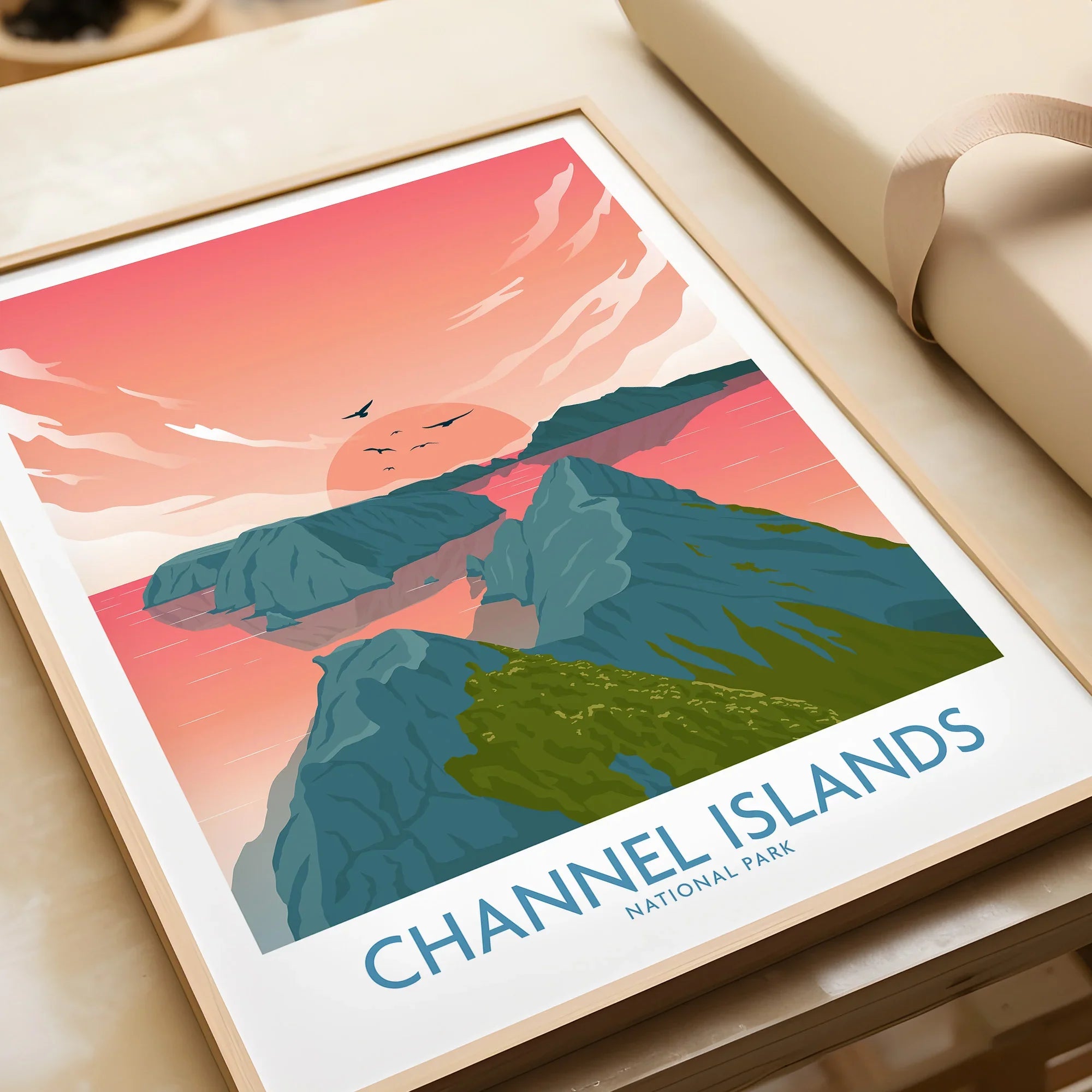 Framed Channel Islands National Park art print with coastal landscape at sunset, unwrapped as a gift