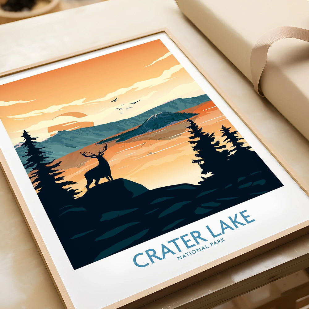 Framed Crater Lake National Park art print with sunset, silhouette trees, and deer