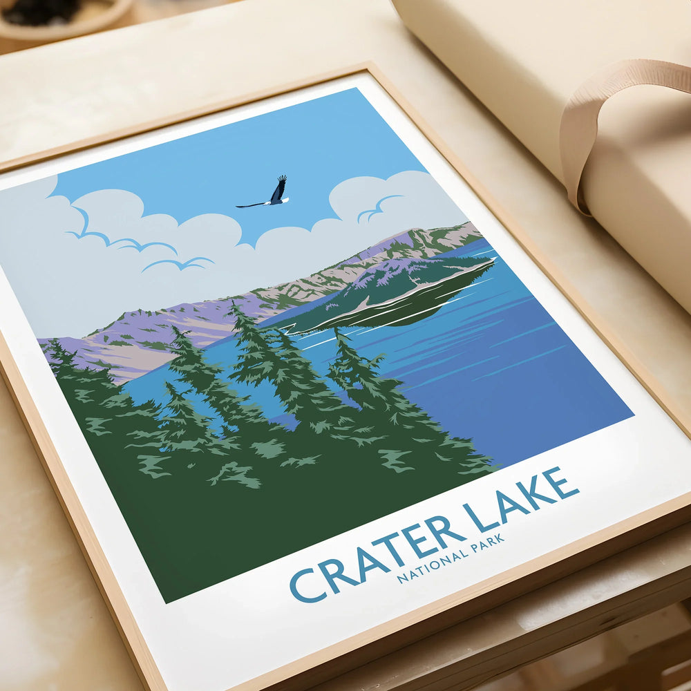 Framed Crater Lake National Park art print with mountain, lake, and trees, unwrapped as a gift