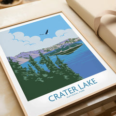 Framed Crater Lake National Park art print with mountain, lake, and trees, unwrapped as a gift