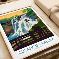 Framed Cuyahoga Valley National Park waterfall art print unwrapped on a table