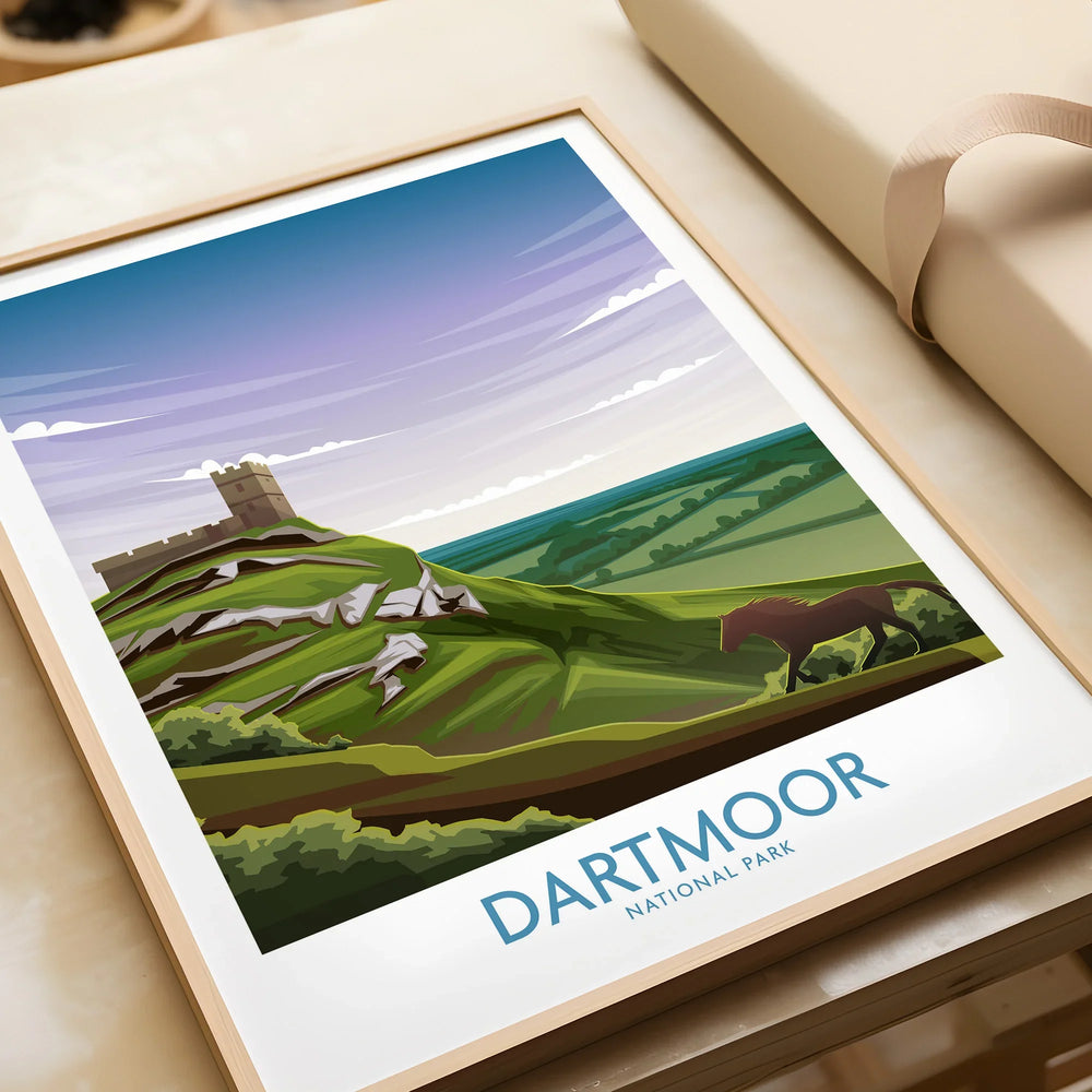Framed Dartmoor National Park travel poster art print featuring hills, rocks, and horse.