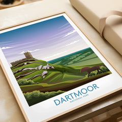 Framed Dartmoor National Park travel poster art print featuring hills, rocks, and horse.