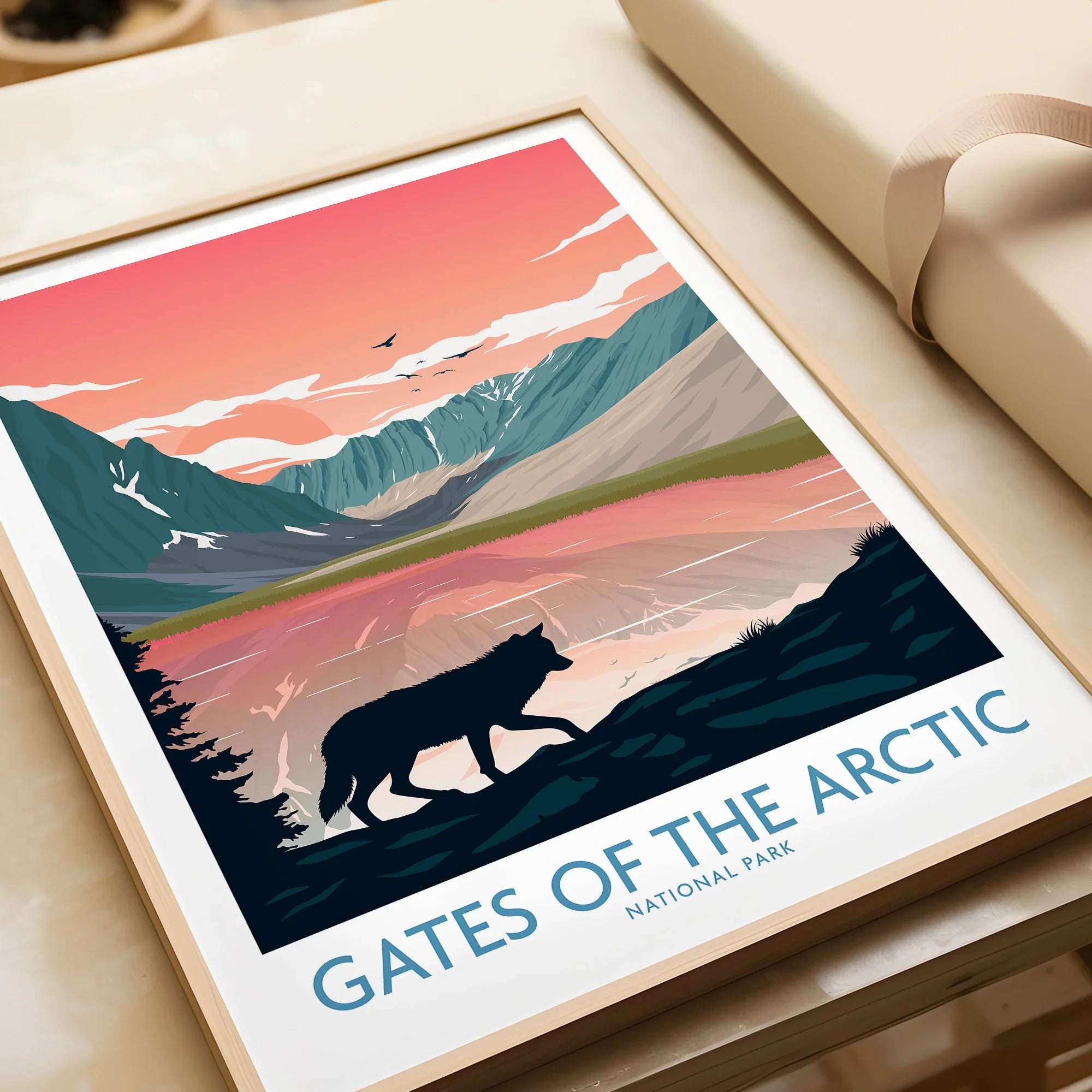 Framed Gates of the Arctic National Park print with wolf silhouette and sunset landscape