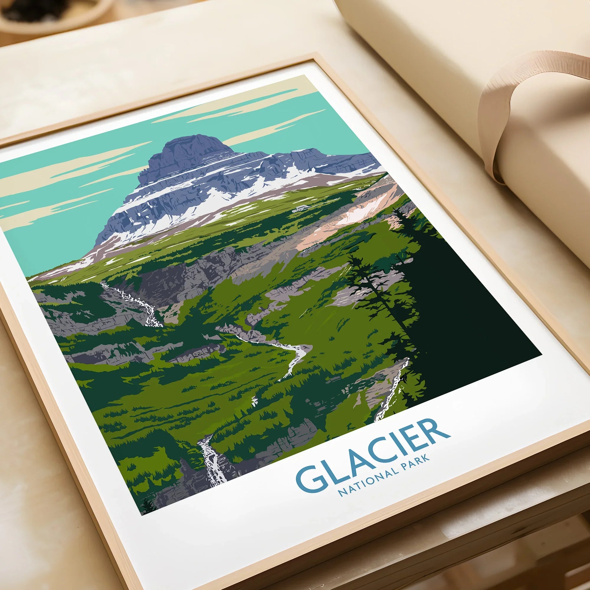 Framed art print featuring Glacier National Park mountain landscape, closeup view