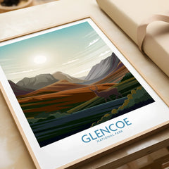Framed Glencoe National Park art print with mountains, sunrise, and deer, unwrapped as a gift