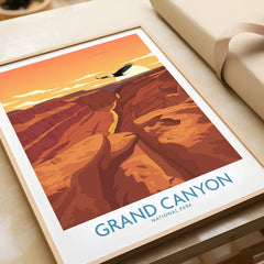 Framed Grand Canyon National Park art print with sunset colors and soaring eagle, unwrapped as a gift