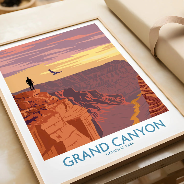 Grand Canyon National Park art print with sunset, canyon cliffs, hiker and bird, in wooden frame