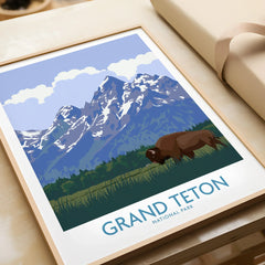 Grand Teton National Park art print with bison, snowy mountains, and natural wood frame