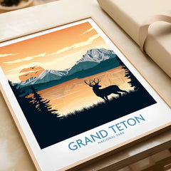 Framed Grand Teton National Park art print with sunset, mountains, lake, and deer silhouette