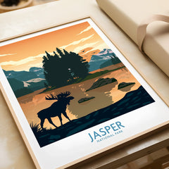Framed Jasper National Park art print with moose, lake, and sunset landscape, unwrapped gift