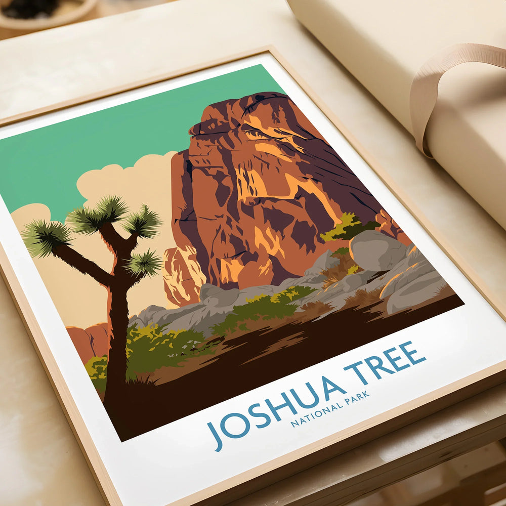 Framed Joshua Tree National Park art print with desert landscape and cactus, unwrapped as a gift.