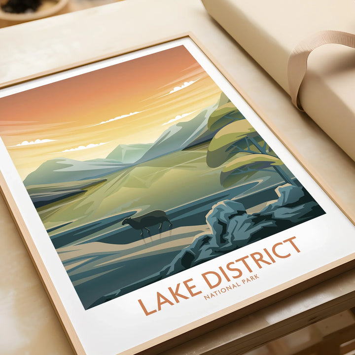 Lake District National Park art print with sunset, mountains, trees, and grazing sheep in frame