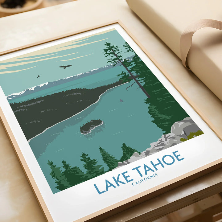 Framed Lake Tahoe California art print with pine trees, lake, and mountains, unwrapped as a gift