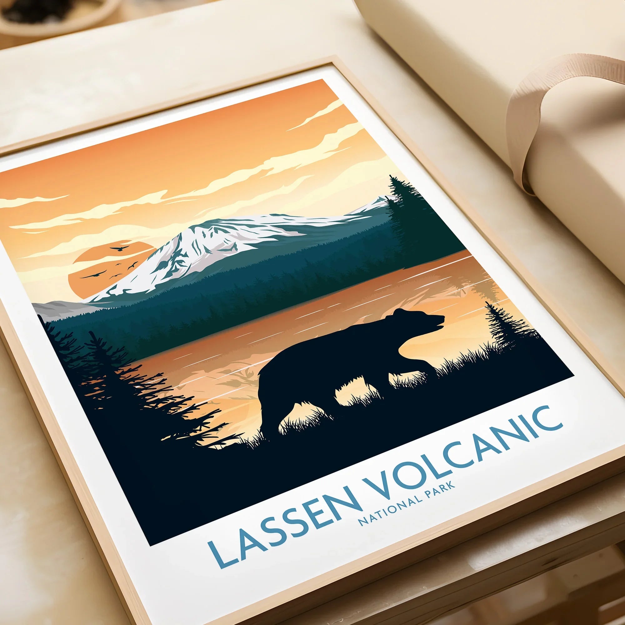 Framed Lassen Volcanic National Park art print with bear silhouette and sunset mountain scene