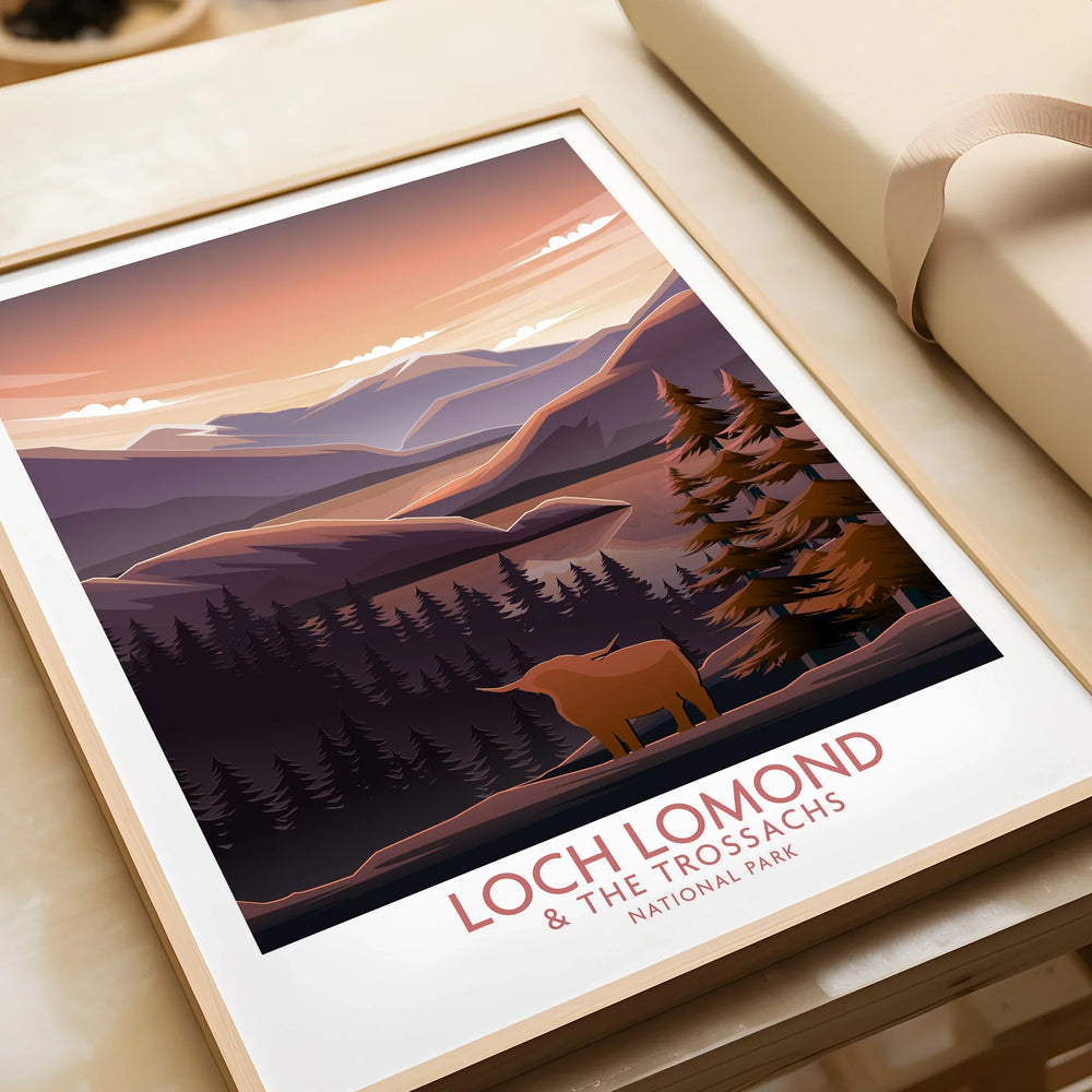 Framed Loch Lomond and The Trossachs National Park travel art print with sunset mountains