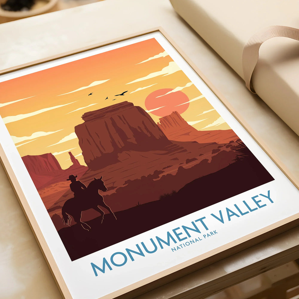 Framed Monument Valley National Park art print with cowboy silhouette at sunset, unwrapped gift