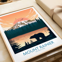 Framed Mount Rainier National Park art print with bear silhouette and sunset landscape.