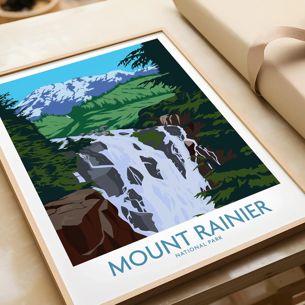 Framed Mount Rainier National Park art print with waterfall and mountain landscape