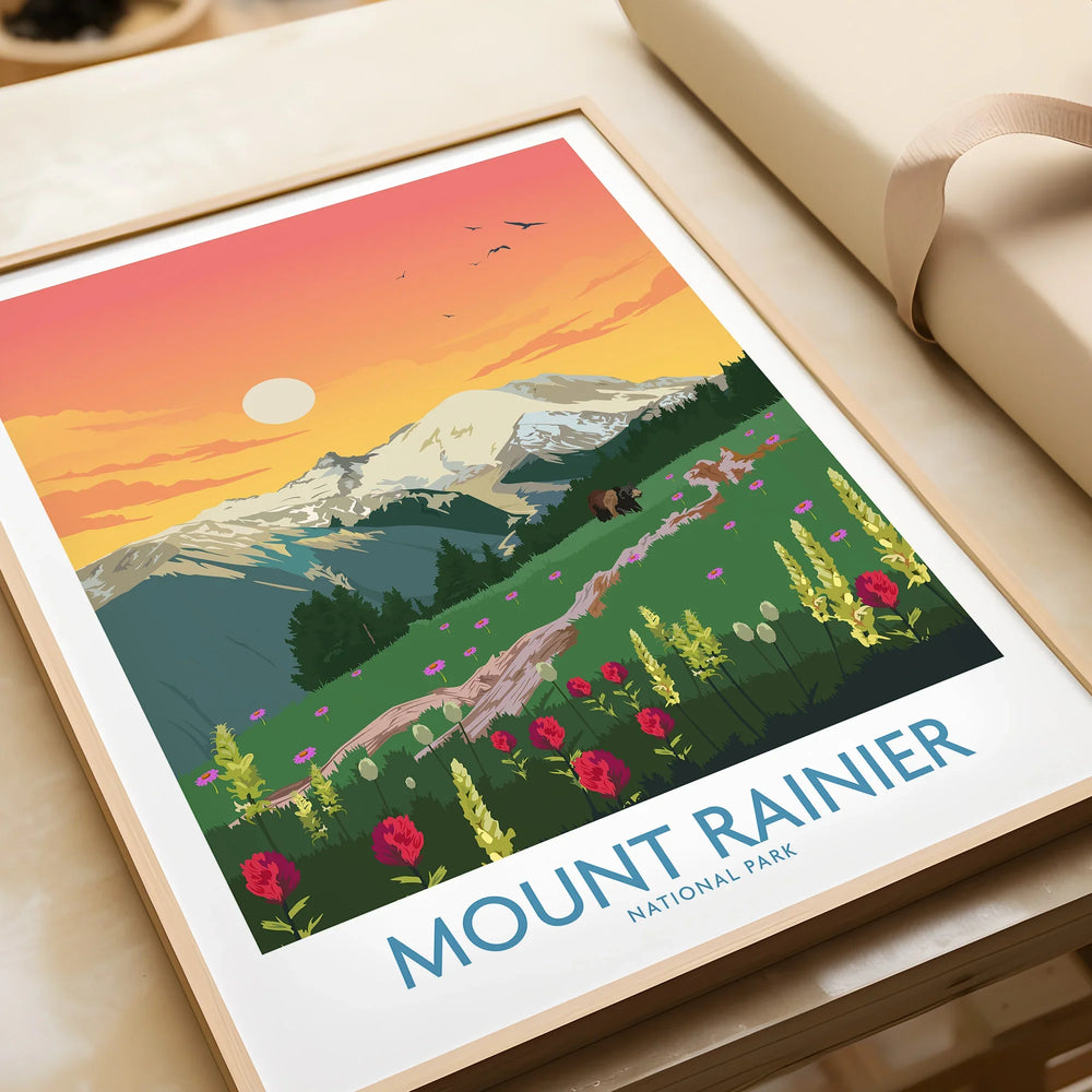 Framed Mount Rainier National Park art print with mountain landscape and wildflowers