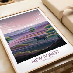 Framed New Forest National Park art print with stylized landscape and horse illustration