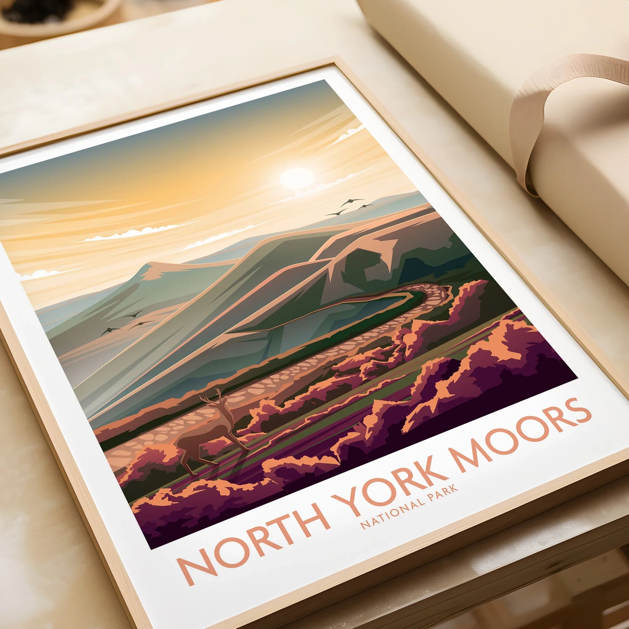 Framed North York Moors National Park travel art print with scenic sunset landscape