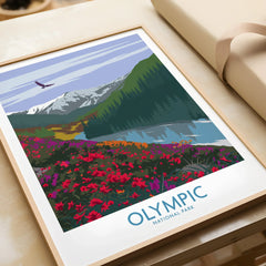 Framed Olympic National Park art print with mountain, forest, river, and wildflowers closeup