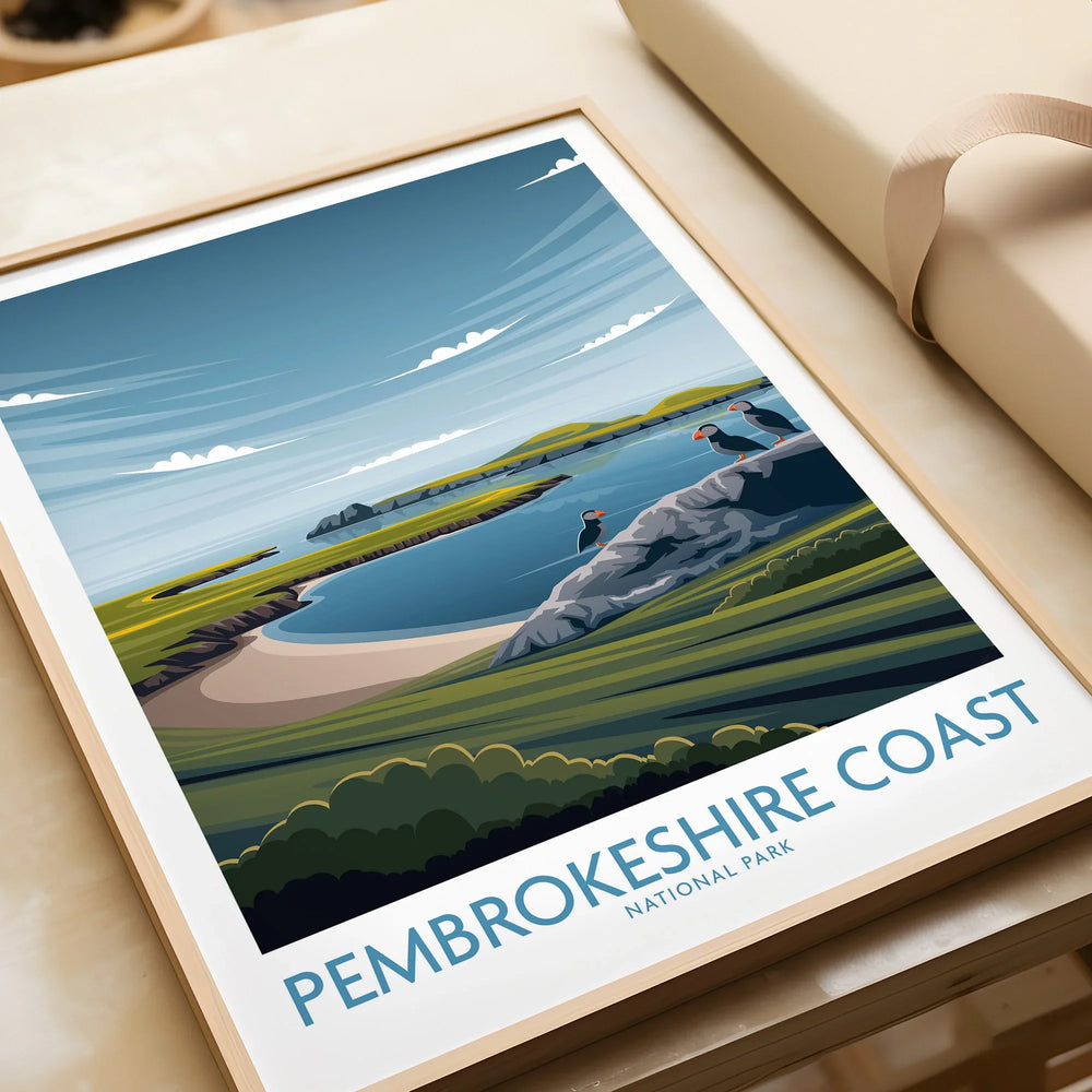 Framed Pembrokeshire Coast National Park art print with scenic landscape and puffins