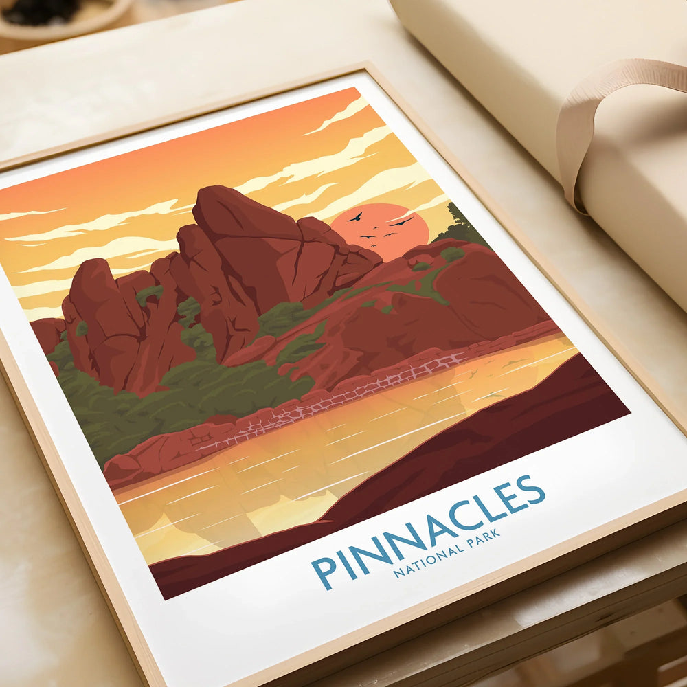 Framed Pinnacles National Park art print closeup with sunset and rock formations