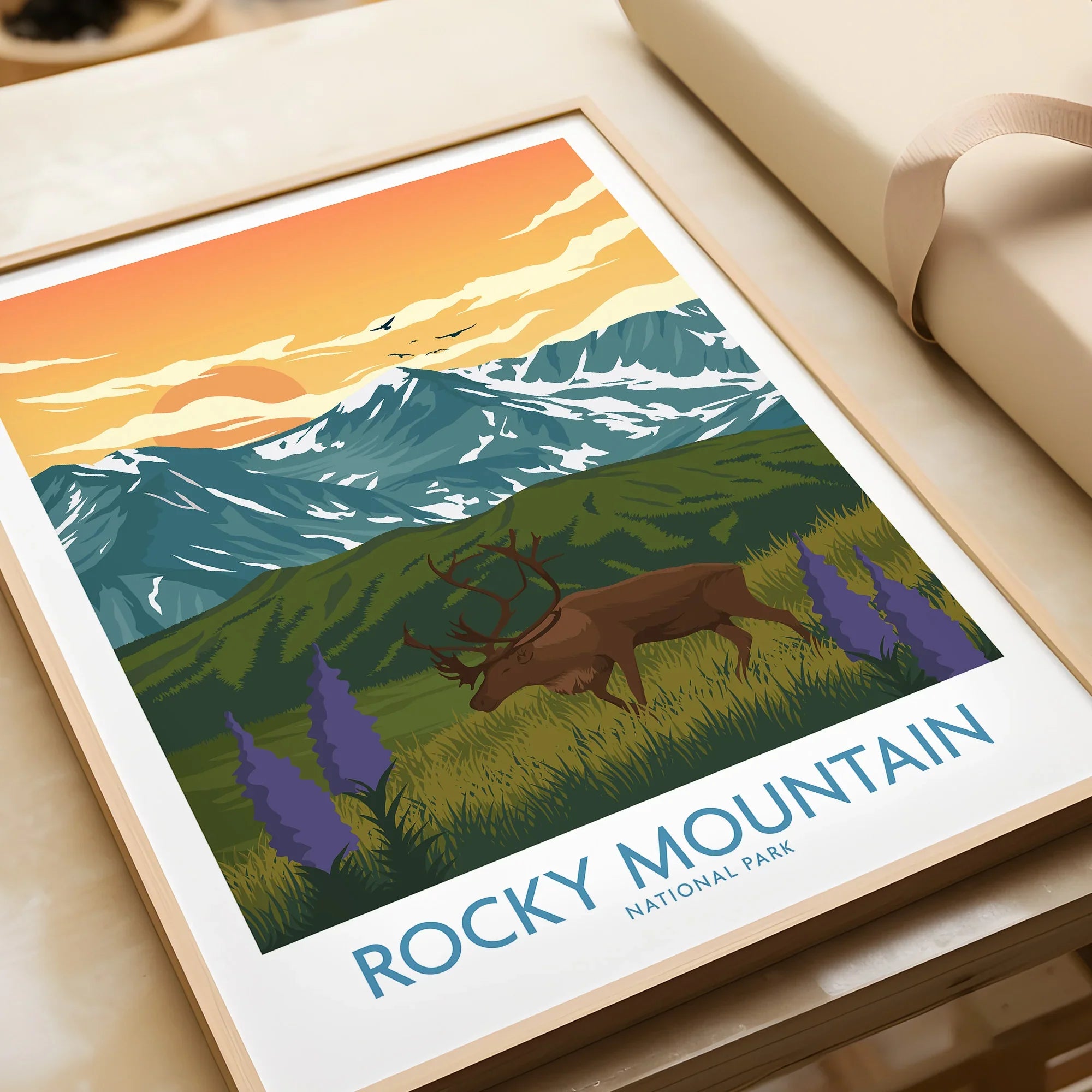Rocky Mountain National Park art print with elk, mountains, and wildflowers in natural frame