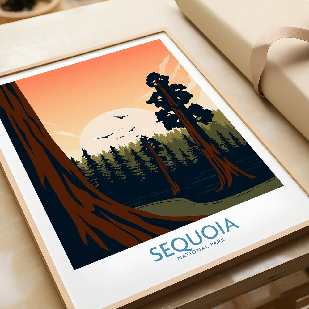 Framed Sequoia National Park art print with sunrise and tall trees, unwrapped as a gift.