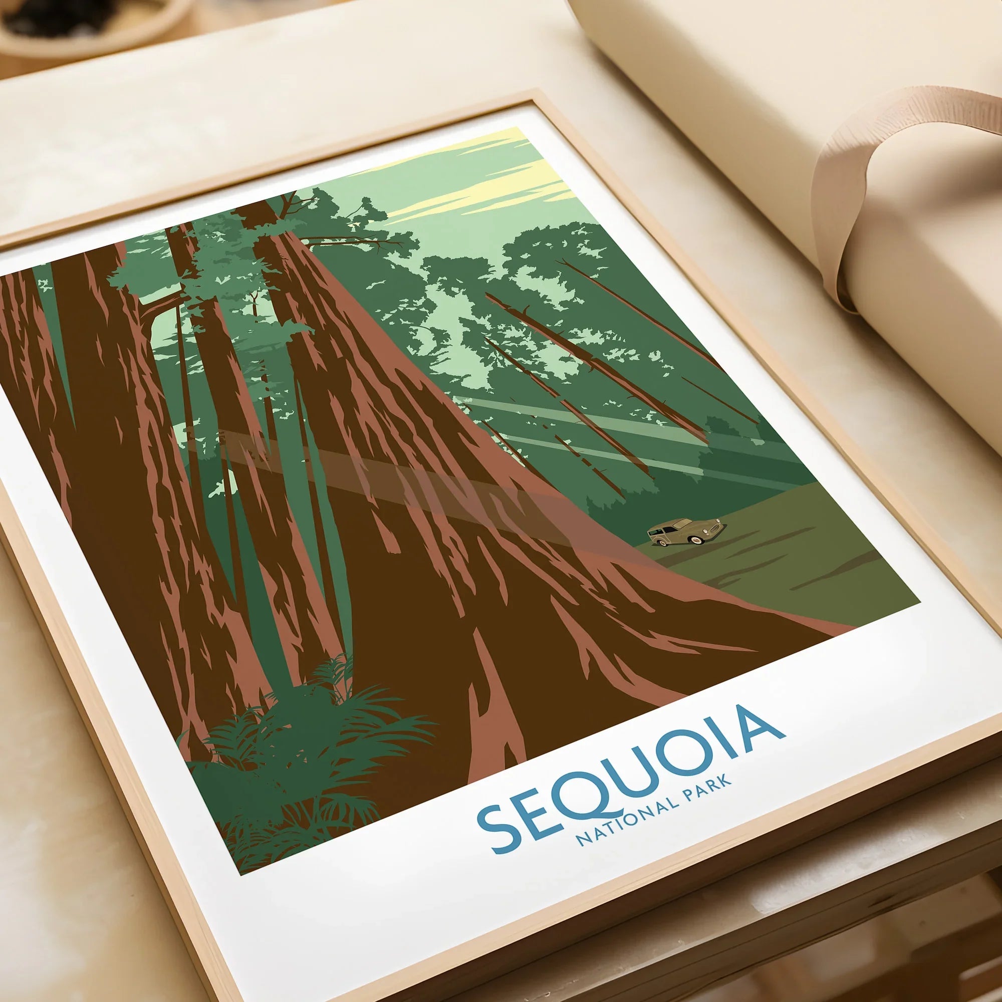 Framed art print of Sequoia National Park with giant redwood trees and vintage car.