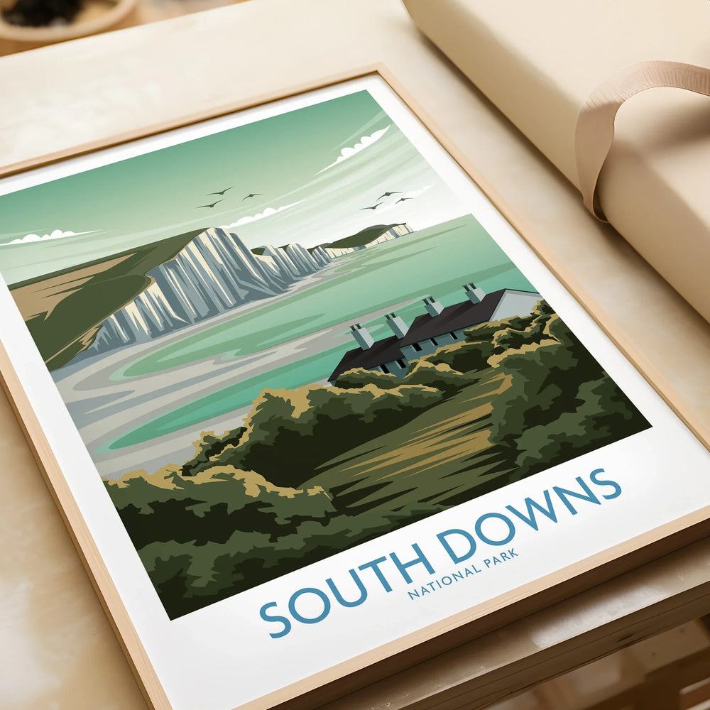 Framed South Downs National Park art print featuring coastal cliffs and scenic landscape.