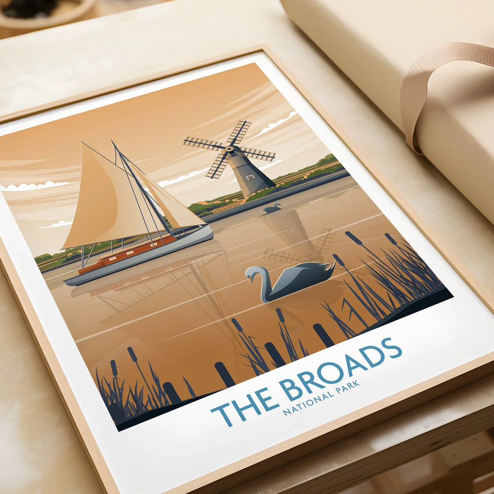 Framed art print of The Broads National Park with sailboat, windmill, and swan on water.