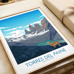 Torres del Paine National Park art print with mountains, lake, and guanaco in a natural frame